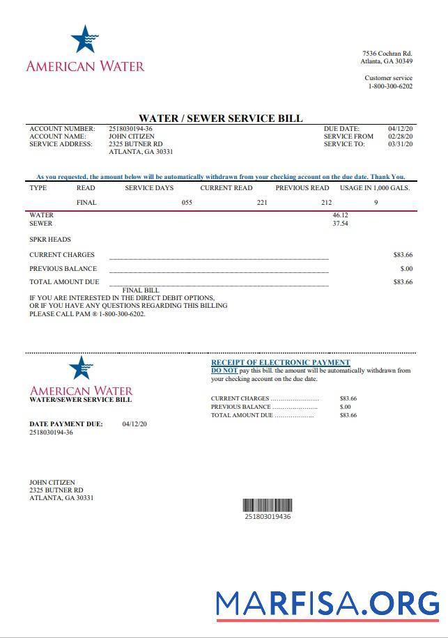 Blank USA Georgia American Water utility bill template in Word and PDF format